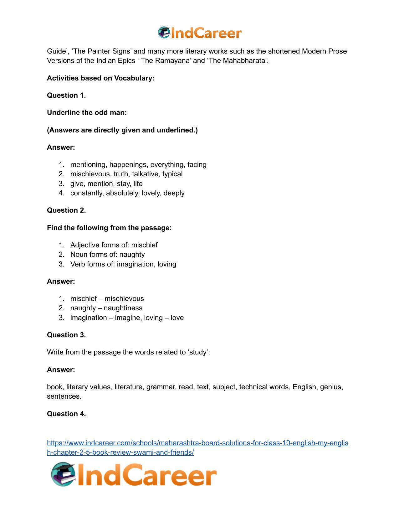 Maharashtra Board Solutions for Class 10- English (My English): Chapter 2.5- Book Review – Swami and Friends - Page 19