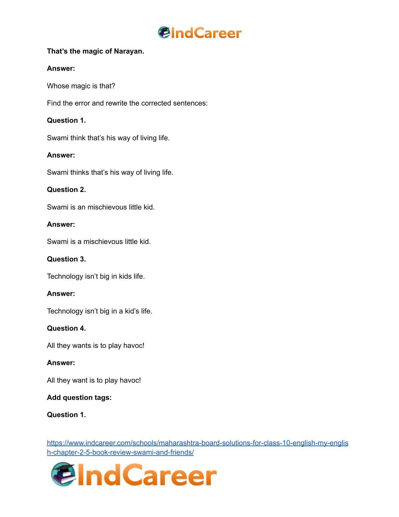 Maharashtra Board Solutions for Class 10- English (My English): Chapter 2.5- Book Review – Swami and Friends - Page 21