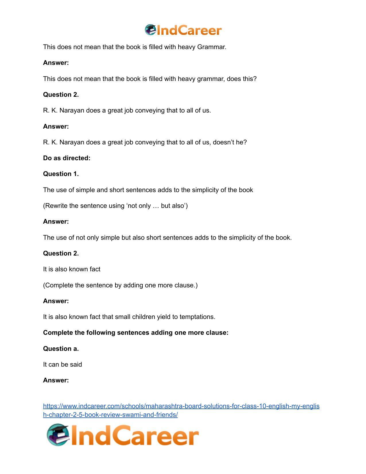 Maharashtra Board Solutions for Class 10- English (My English): Chapter 2.5- Book Review – Swami and Friends - Page 22