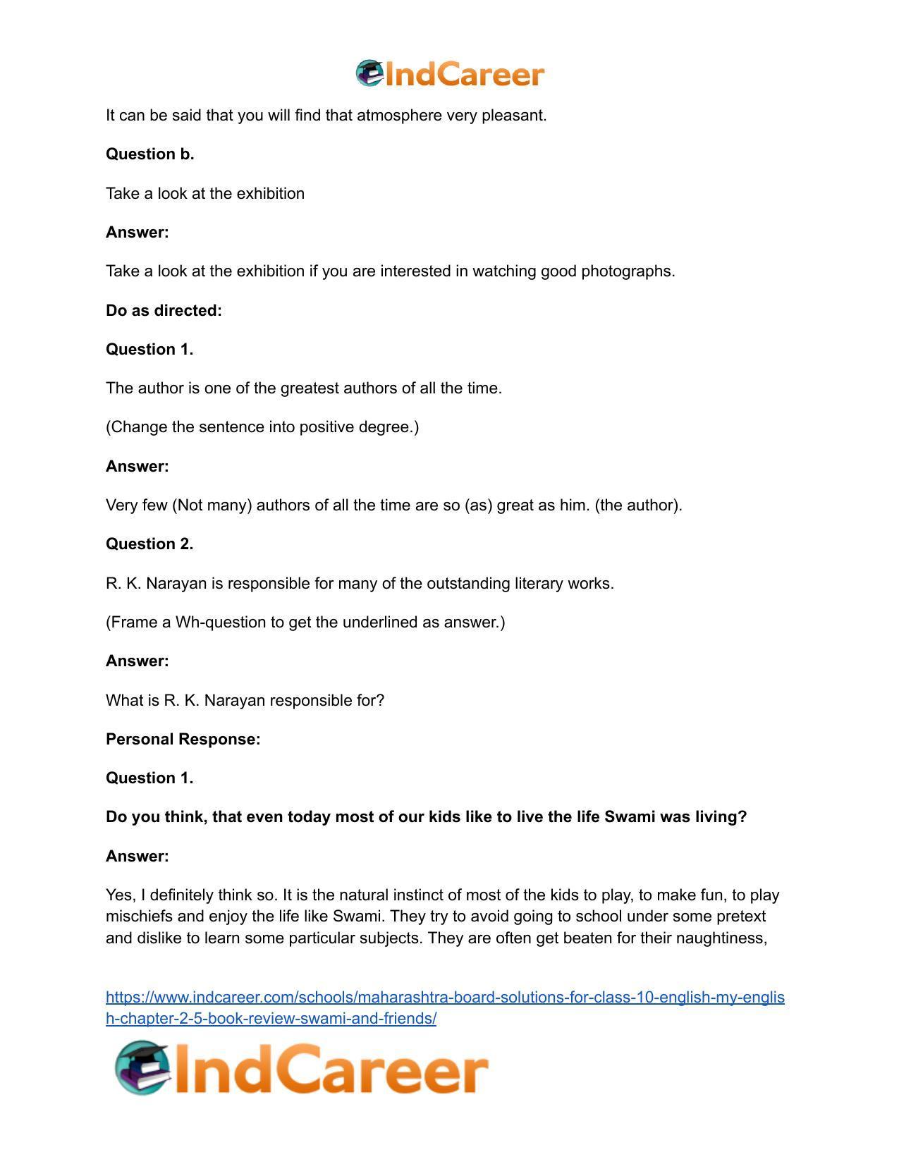 Maharashtra Board Solutions for Class 10- English (My English): Chapter 2.5- Book Review – Swami and Friends - Page 23