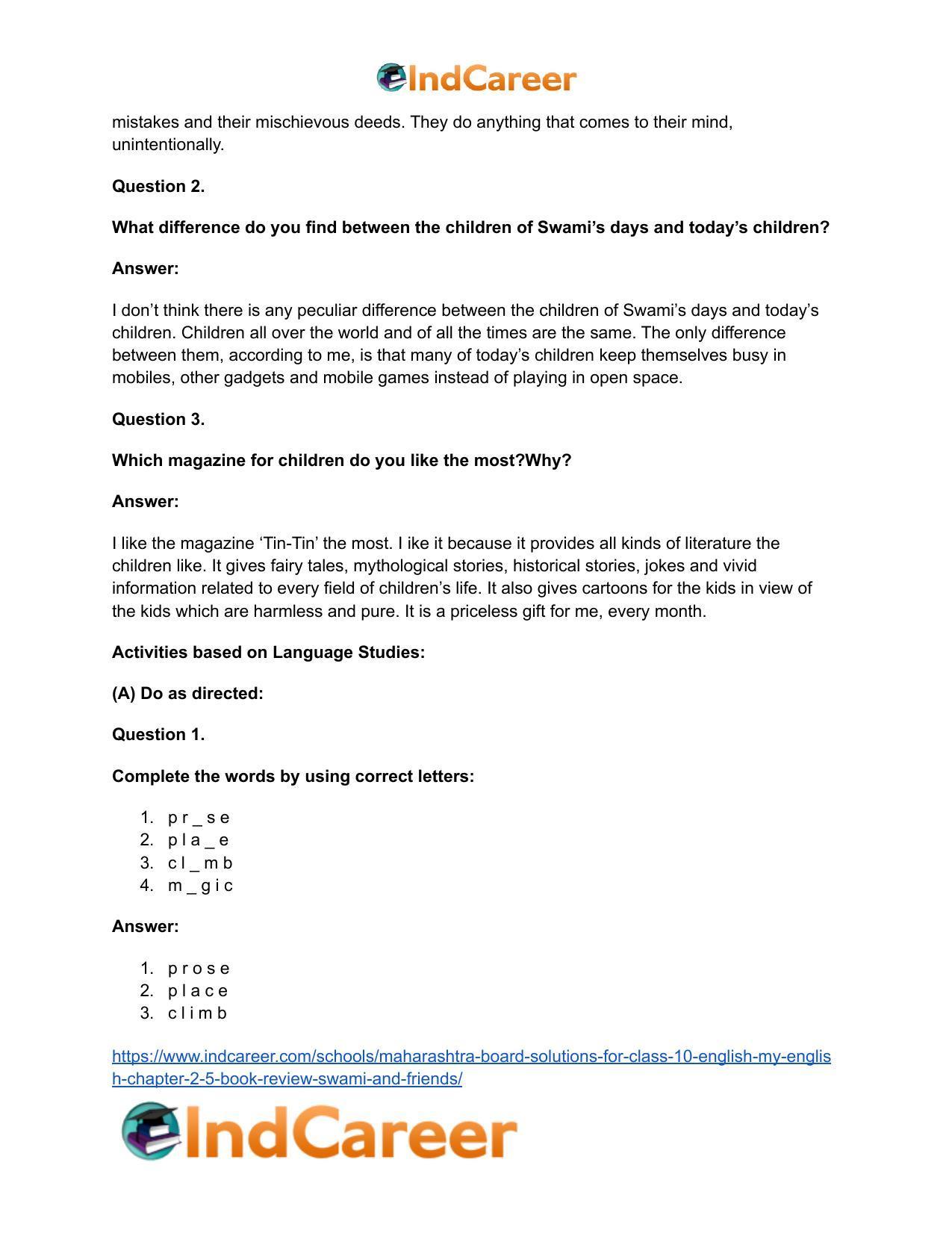 Maharashtra Board Solutions for Class 10- English (My English): Chapter 2.5- Book Review – Swami and Friends - Page 24
