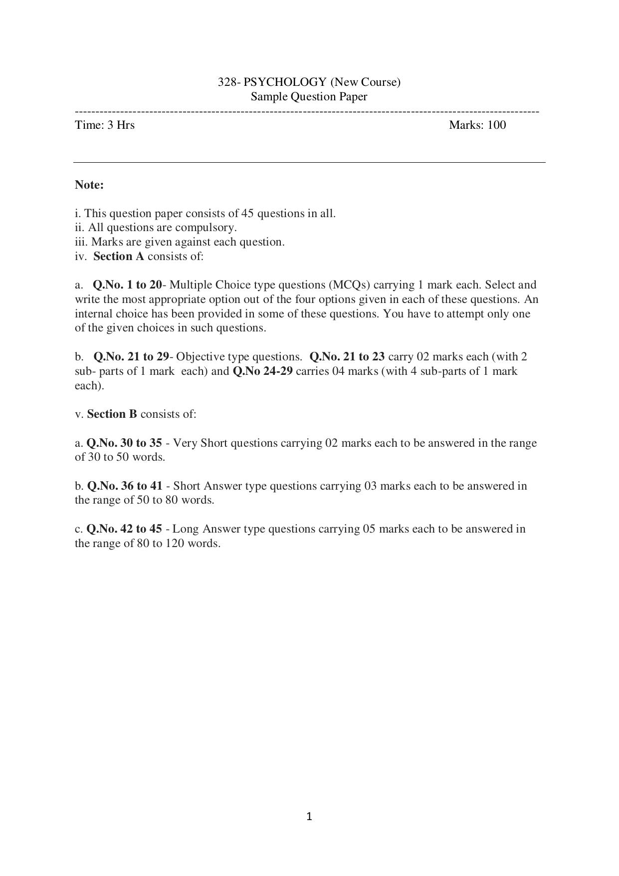 NIOS Class 12 Psychology (New) Sample Paper - Page 1