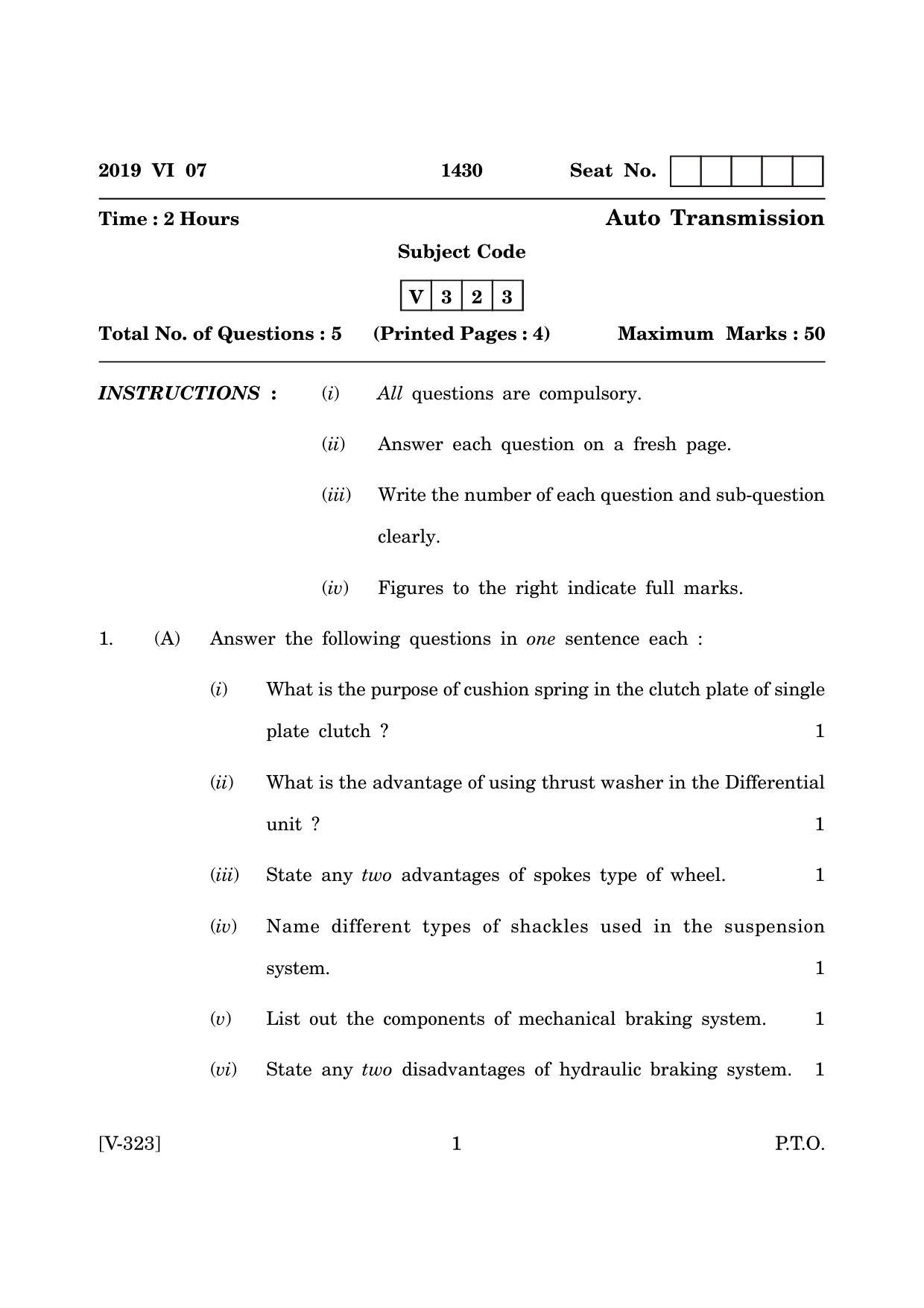Goa Board Class 12 Auto - Transmission (June 2019) Question Paper - Page 1