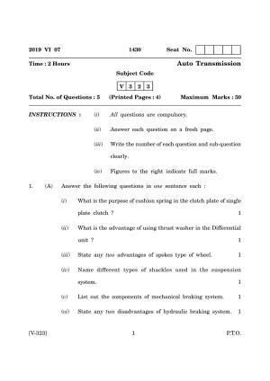Goa Board Class 12 Auto - Transmission (June 2019) Question Paper