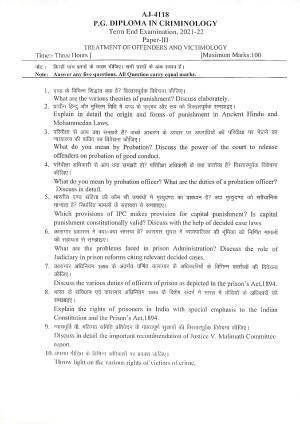 Bilaspur University Question Paper 2021-2022:P.G. Diploma In Criminology Treatment Of Offenders And Victimology Paper 1