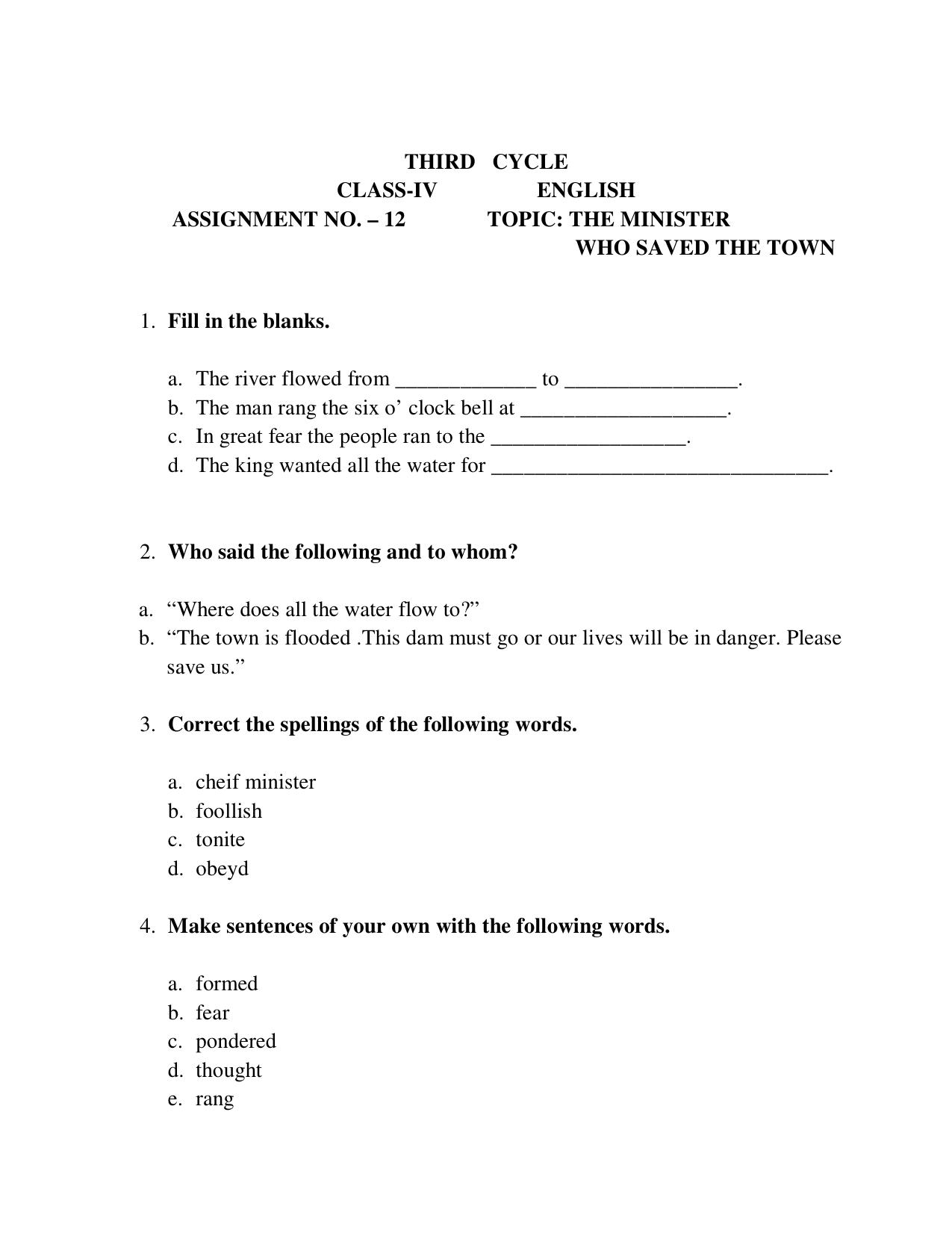Worksheet for Class 4 English Assignment 4 - Page 1