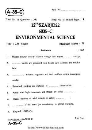 JKBOSE Class 12 Environmental-Science 6035-C Question Papers 2022