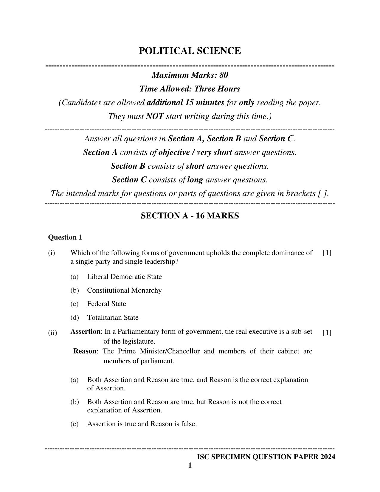 ISC Class 12 2024 Political Science Sample Paper - Page 1