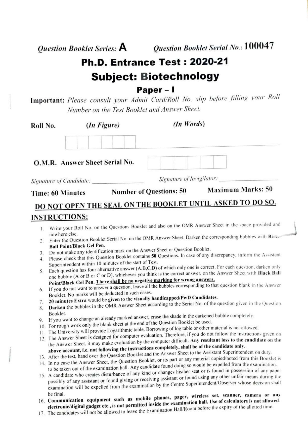 PU MPET Biotechnology 2020 Question Papers - Page 1