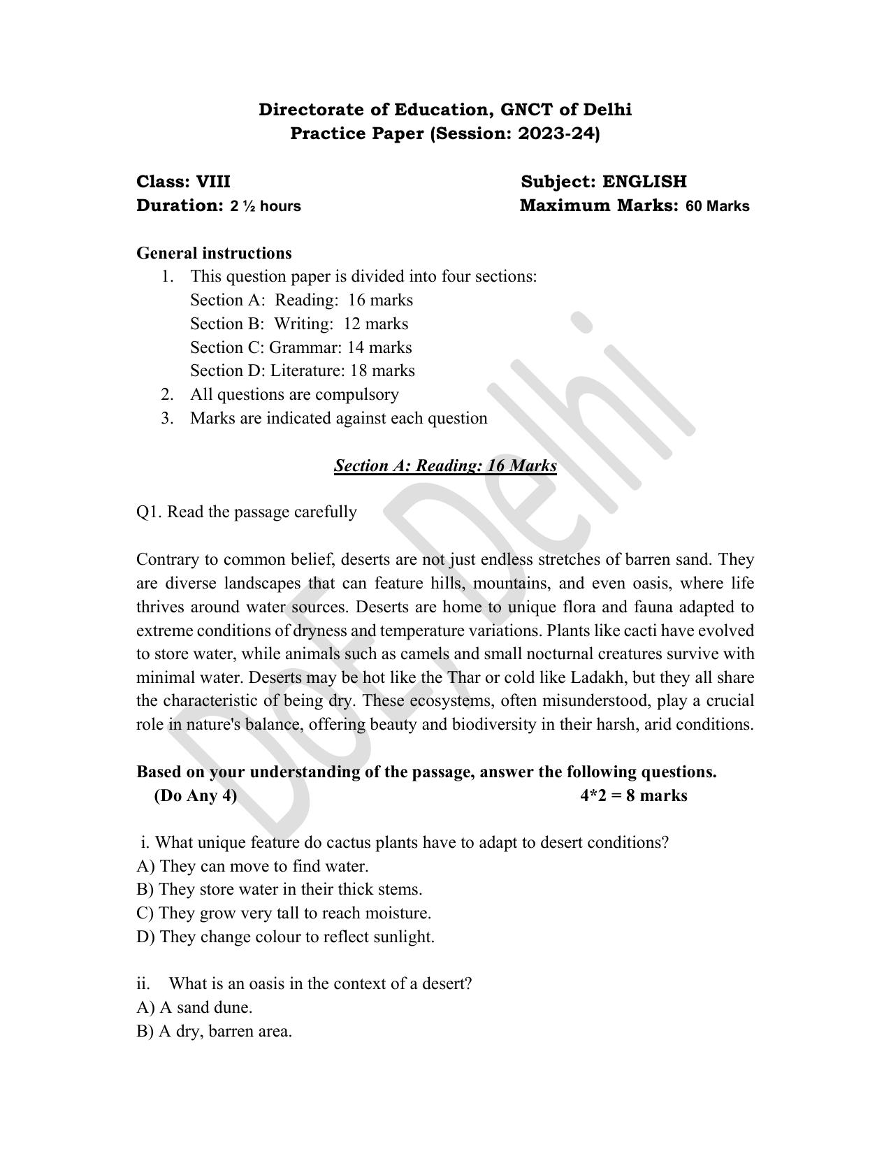 Edudel Class 8 English Practice Papers-2 (2023-24) - Page 1