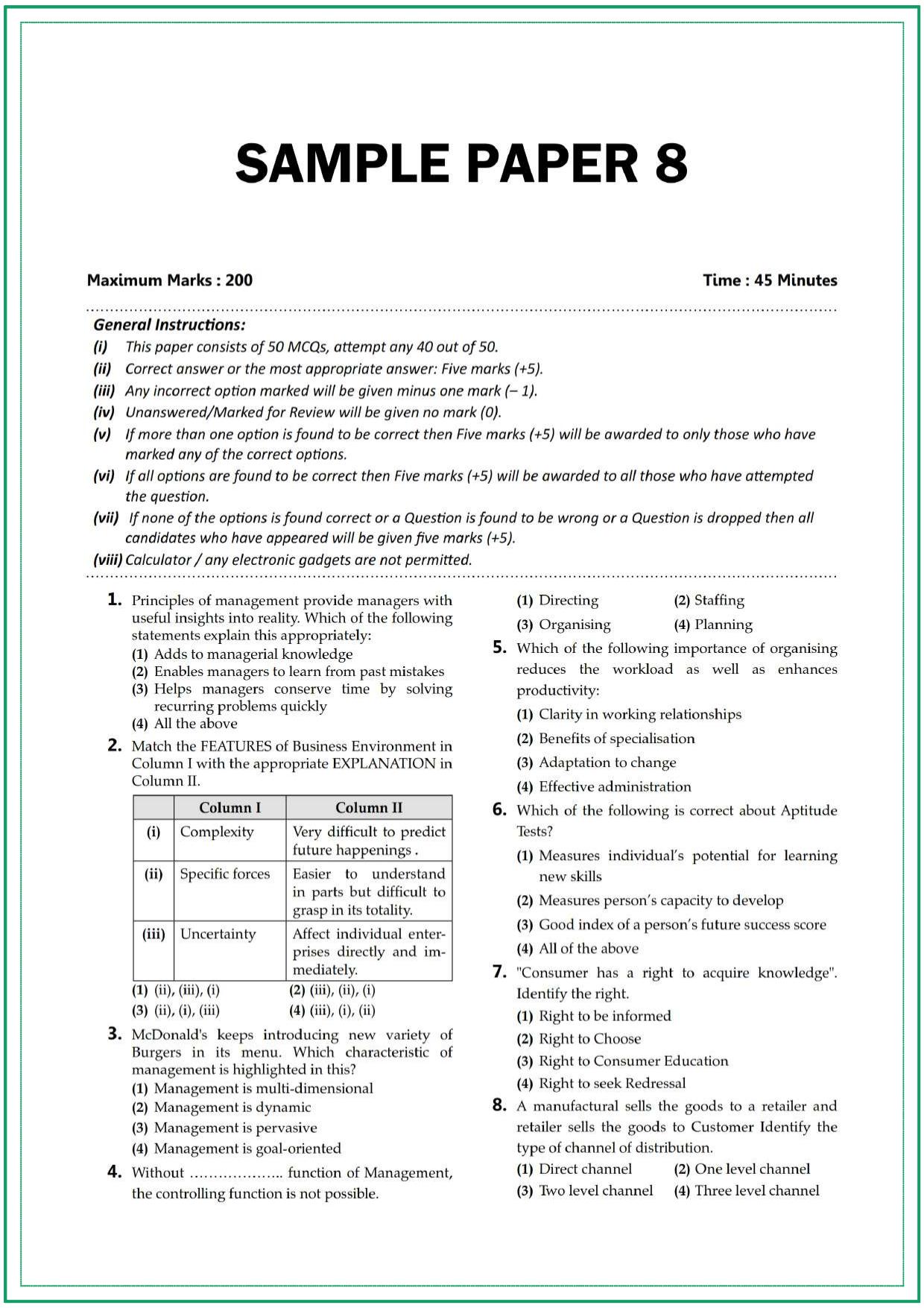 CUET UG Business Studies Sample Paper 8 - Page 1