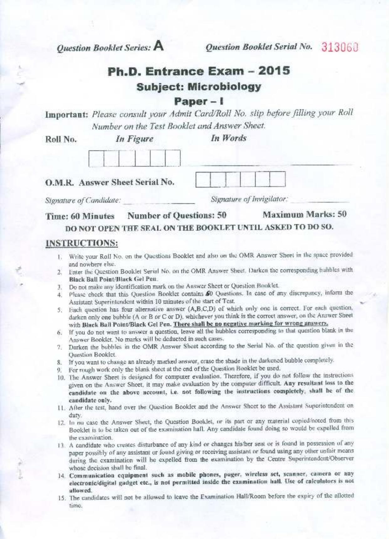 PU MPET Microbiology 2015 Question Paper - Page 1