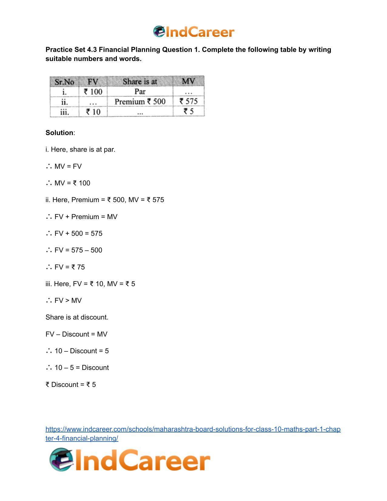 Maharashtra Board Solutions for Class 10-Maths (Part 1): Chapter 4- Financial Planning - Page 20