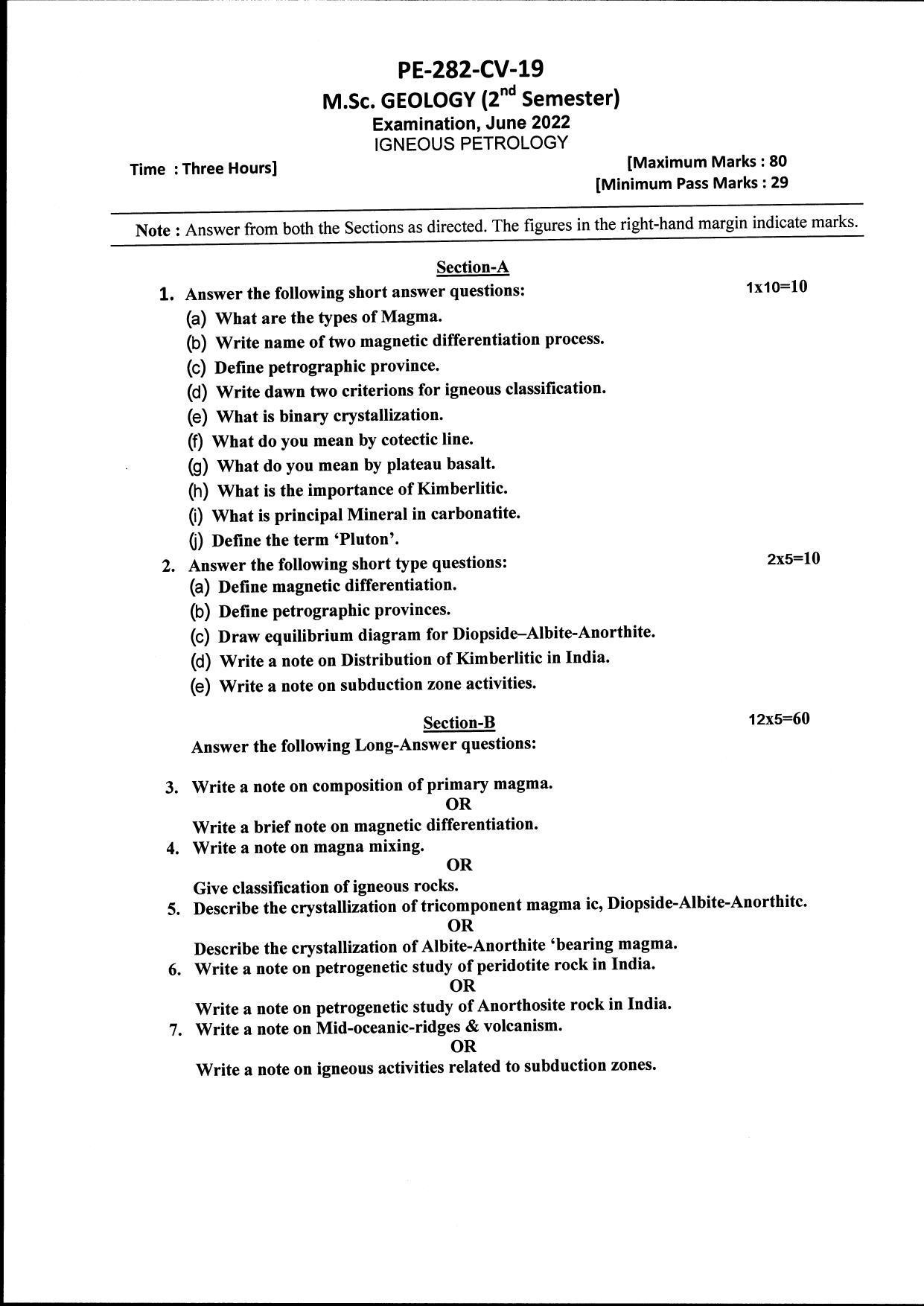 Bilaspur University Question Paper June 2022:M.Sc. Geology (Second Semester) Igneous Petrology Paper 1 - Page 1