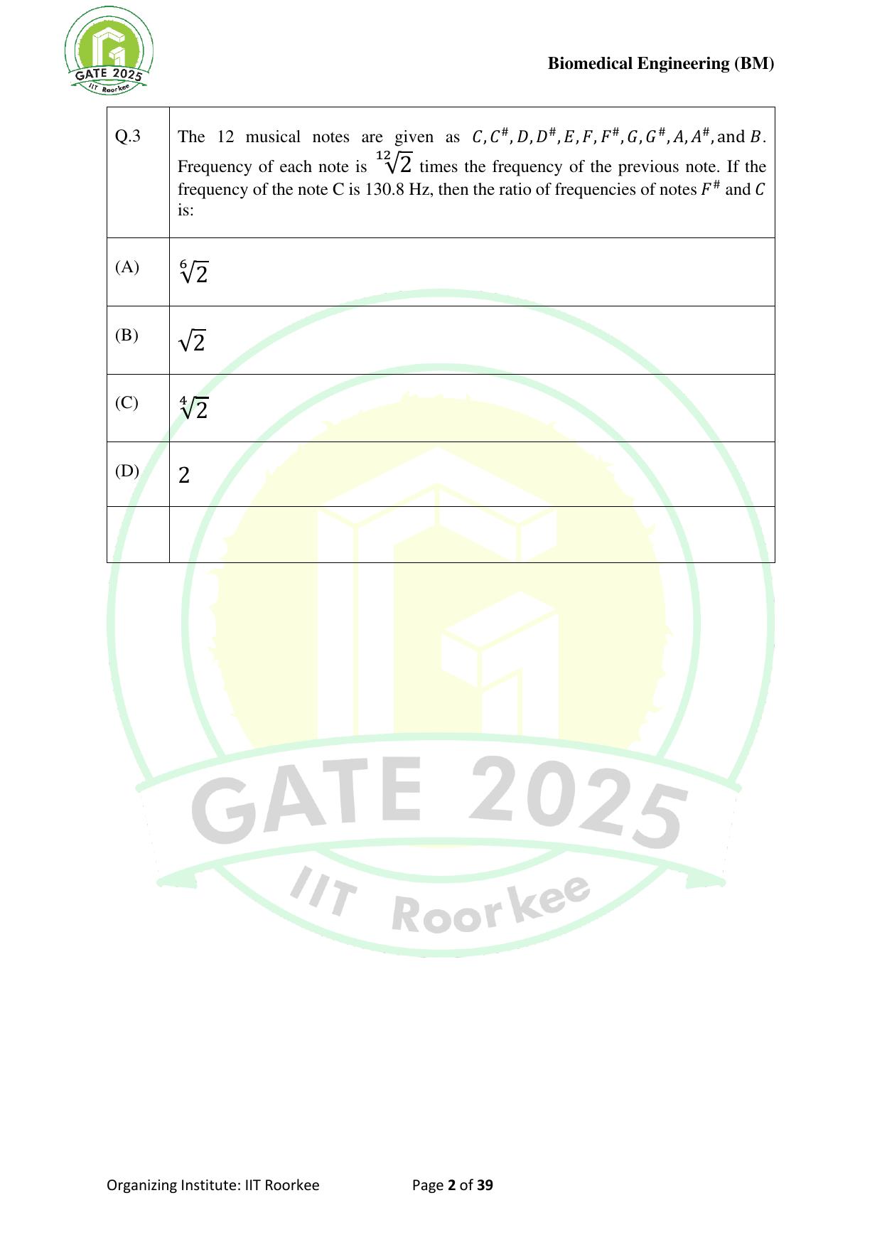 GATE 2025 Biomedical Engineering (BM) Question Paper - Page 2
