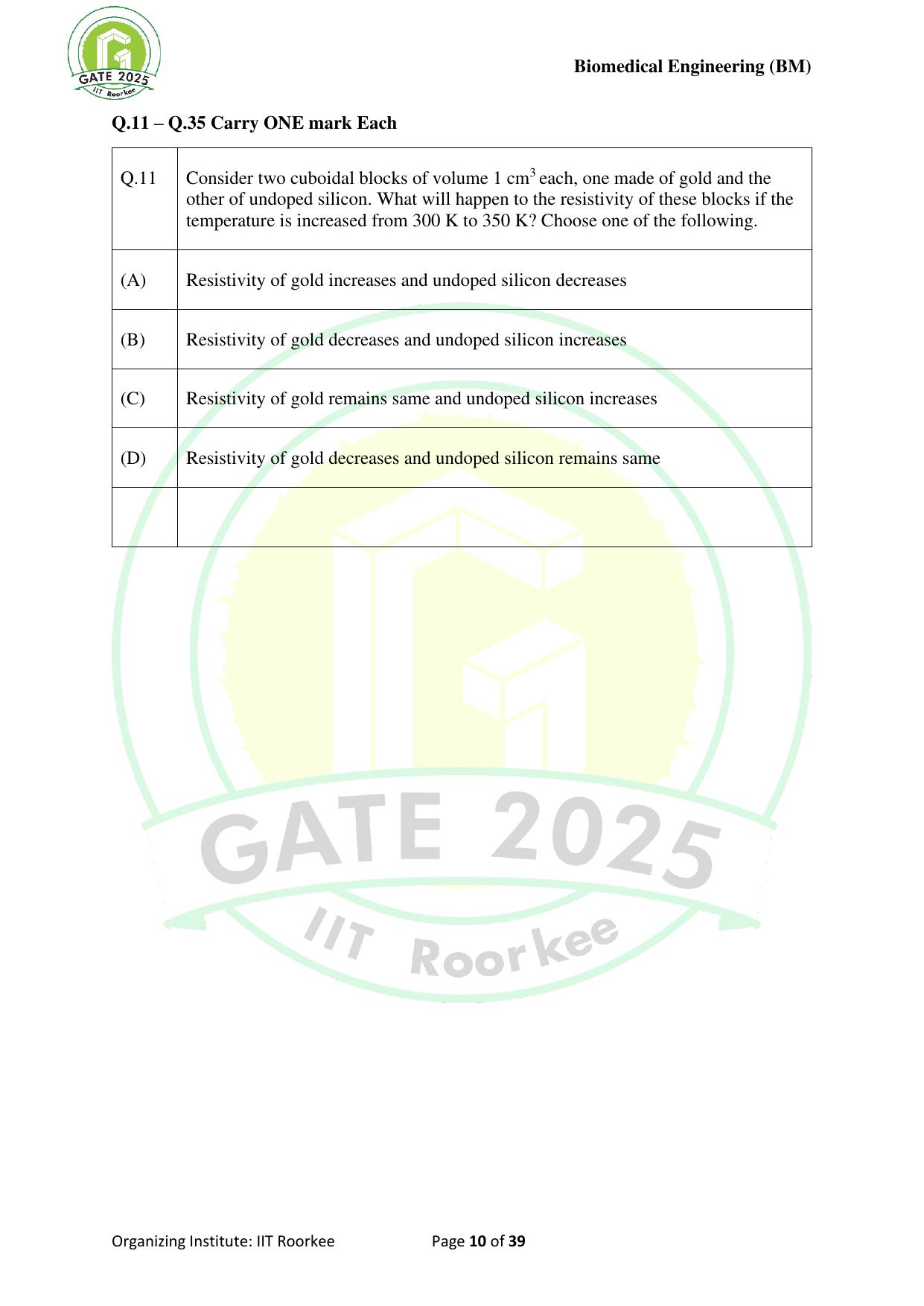 GATE 2025 Biomedical Engineering (BM) Question Paper - Page 10