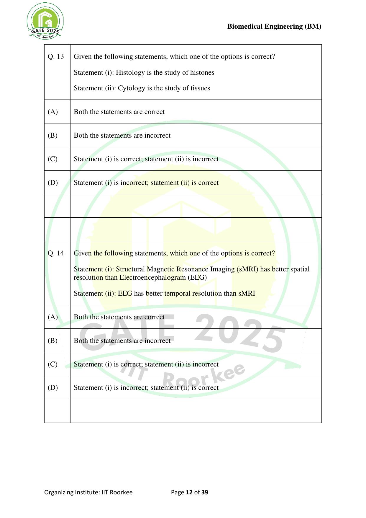 GATE 2025 Biomedical Engineering (BM) Question Paper - Page 12