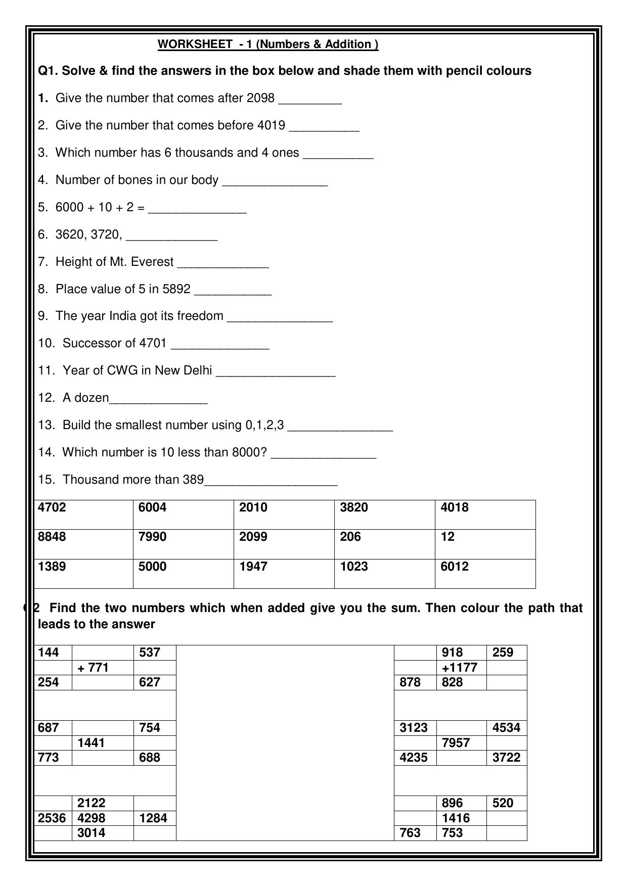 Worksheet for Class 3 Mathematics Numbers and Additions Assignment - Page 1