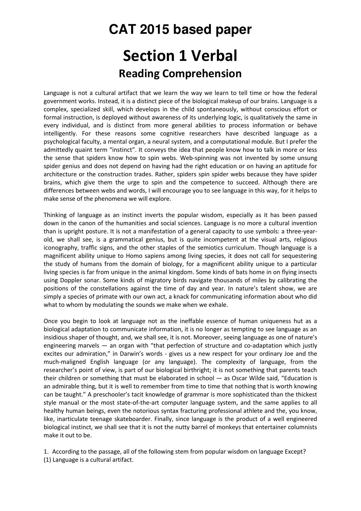 CAT 2015 CAT VARC Question Paper - Page 1
