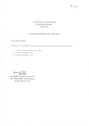 JMI Entrance Exam M13-M.A. (Social Work) Syllabus