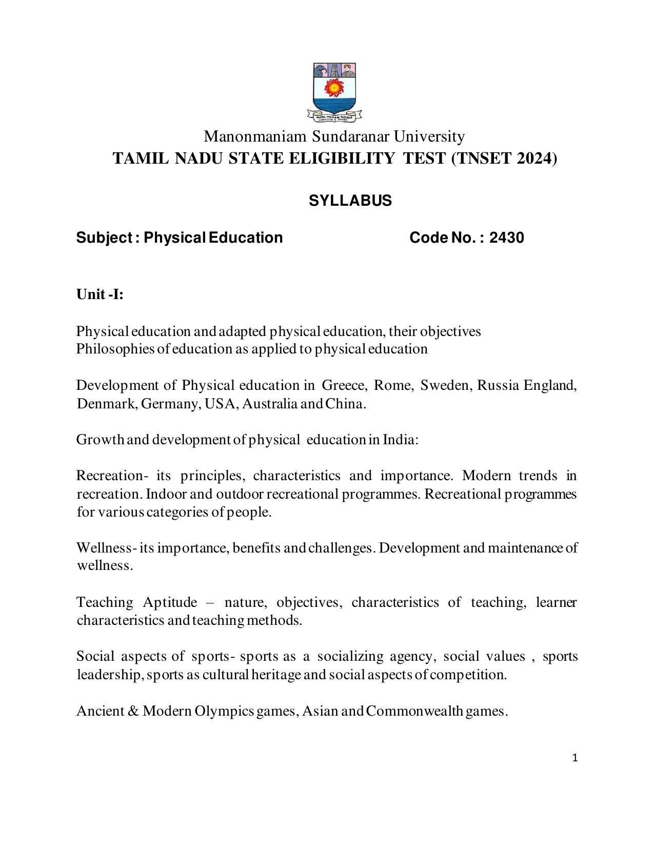 TNSET Syllabus - Physical Education - Page 1