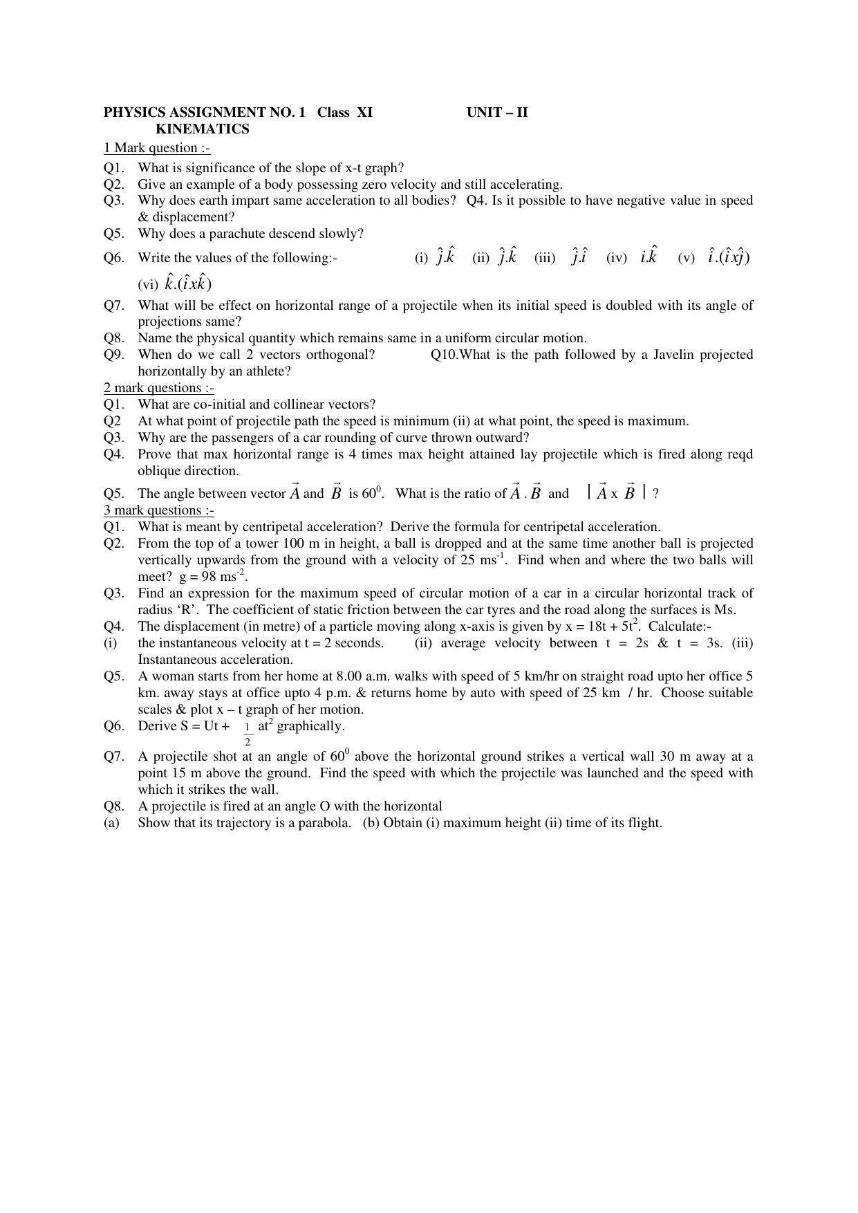 CBSE Worksheets for Class 11 Physics Assignment 10 - Page 1
