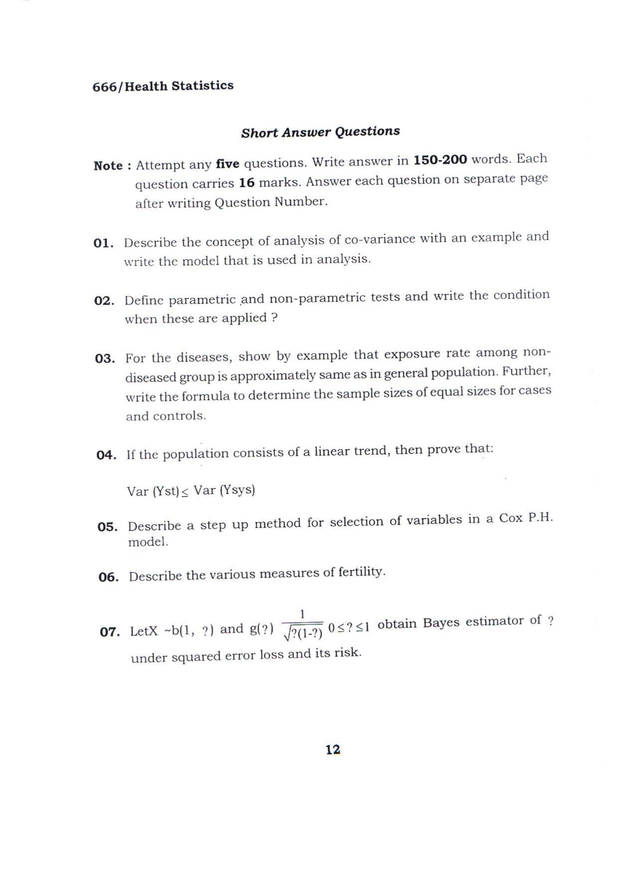 BHU RET HEALTH STATISTICS 2015 Question Paper - Page 12