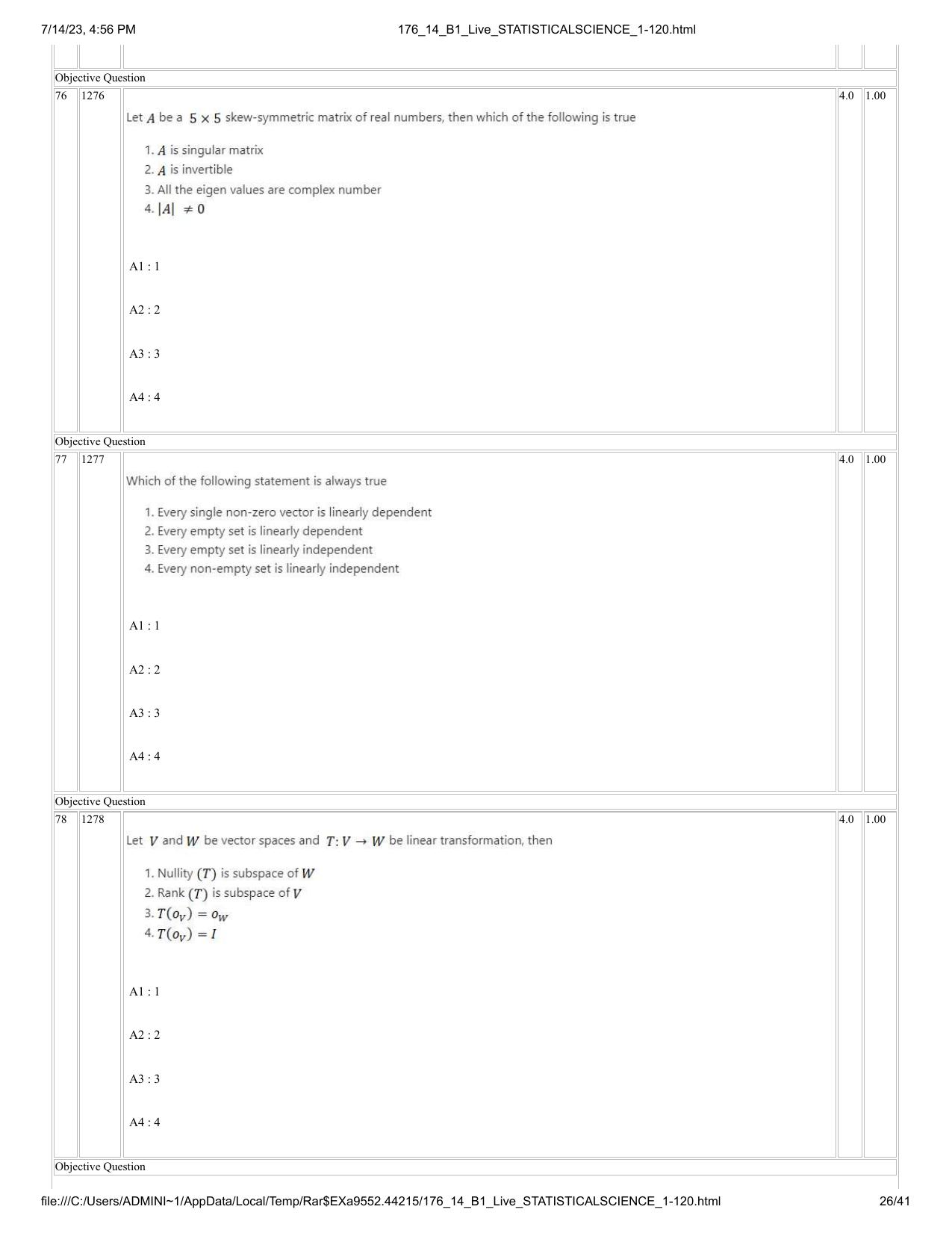 ICAR AIEEA PG 2023 STATISTICAL SCIENCE Question Paper- 14 July 2023 - Page 26