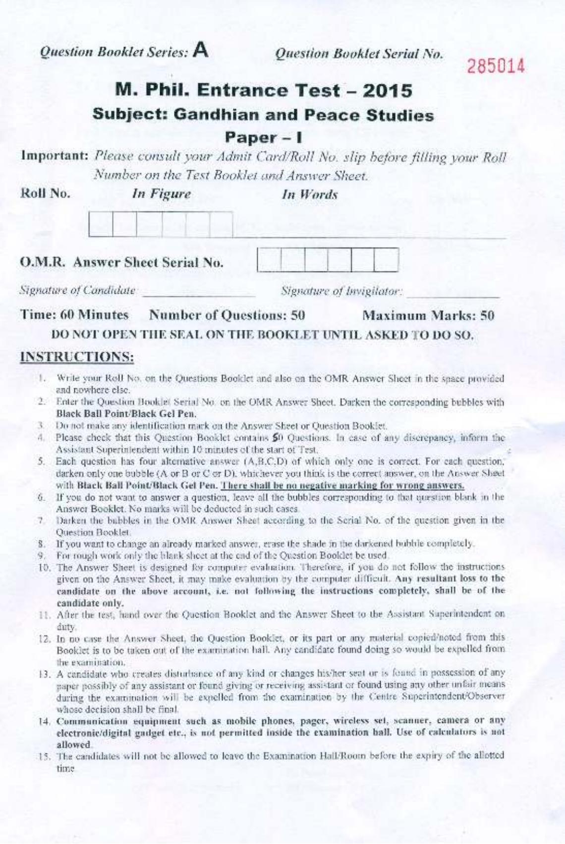PU MPET Gandhian and Peace Studies 2015 Question Paper - Page 1