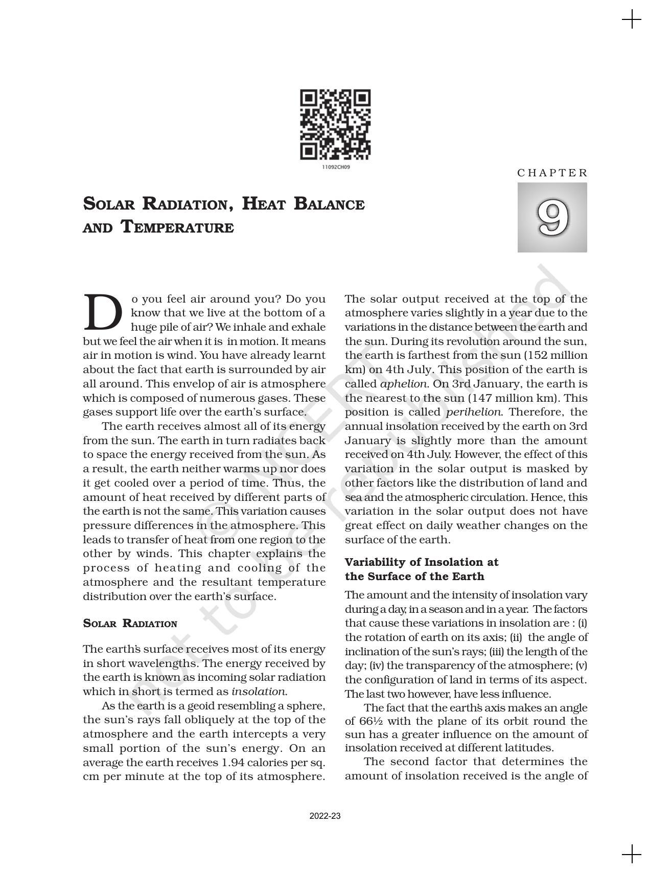 NCERT Book for Class 11 Geography (Part-I) Chapter 9 Solar Radiation, Heat balance and Temperature - Page 1