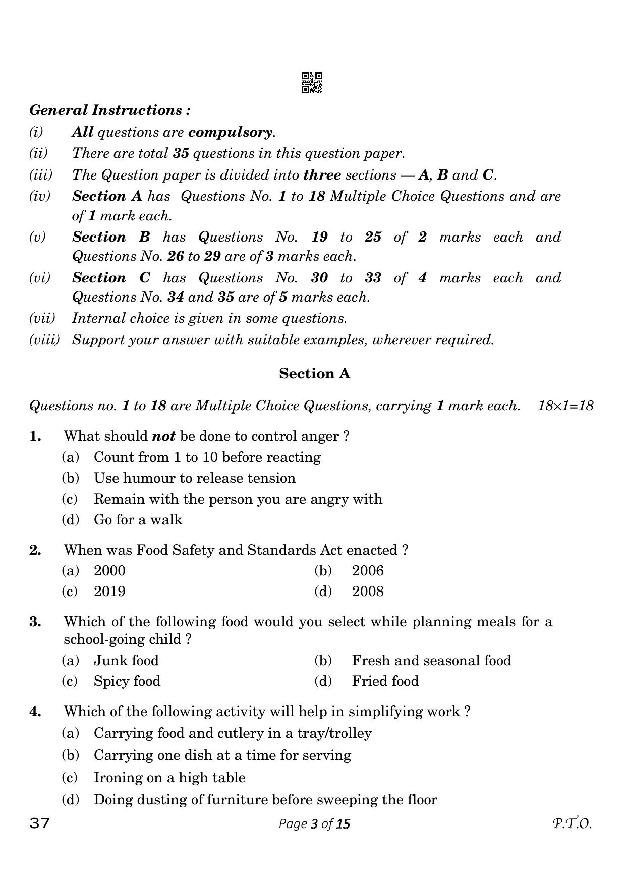 CBSE Class 10 Home Science (Compartment) 2023 Question Paper - Page 3