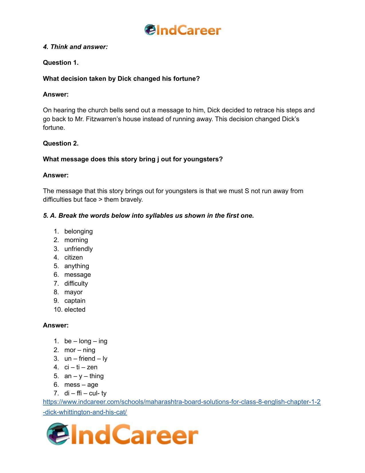 Maharashtra Board Solutions for Class 8- English: Chapter 1.2- Dick Whittington and his Cat - Page 8