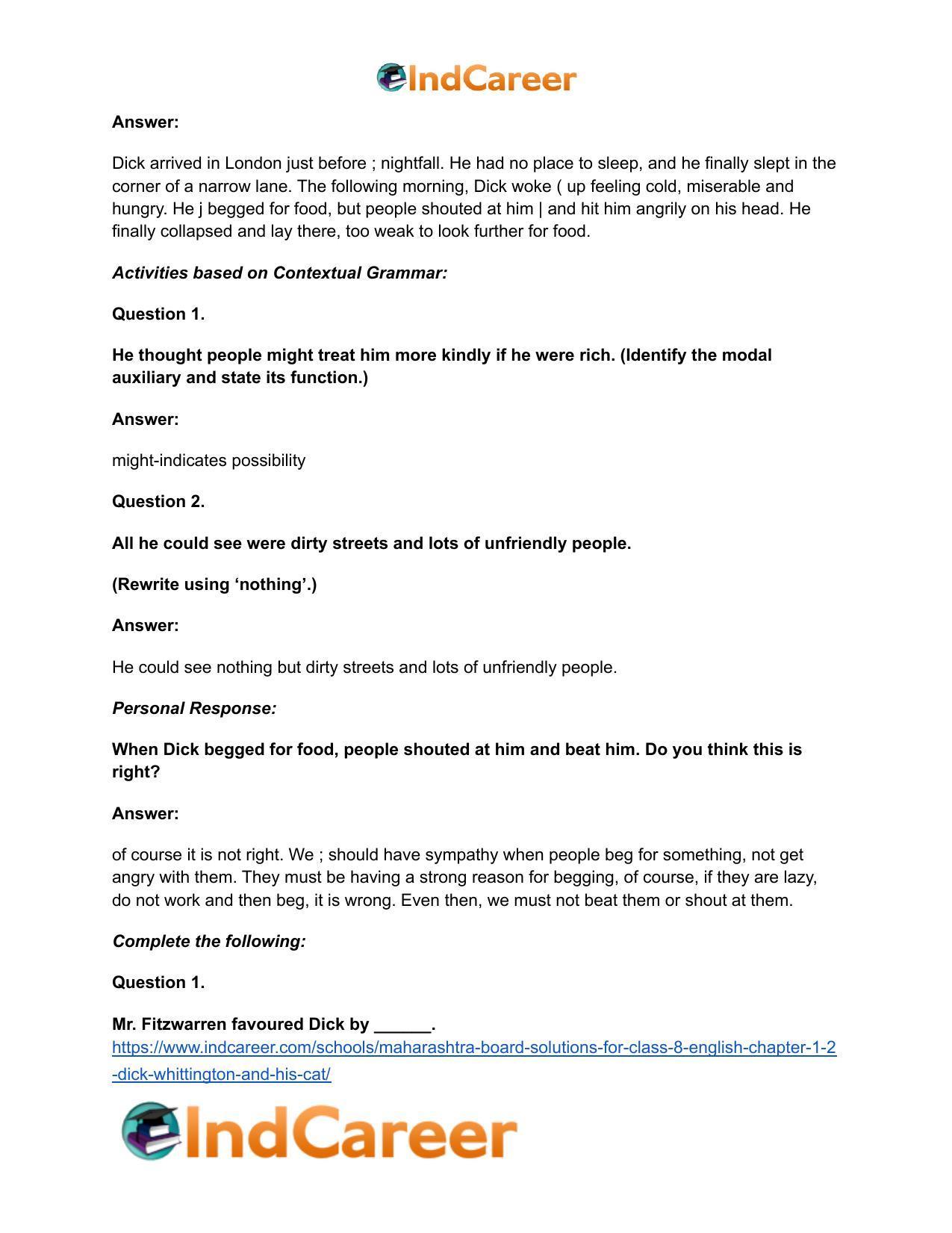 Maharashtra Board Solutions for Class 8- English: Chapter 1.2- Dick Whittington and his Cat - Page 12