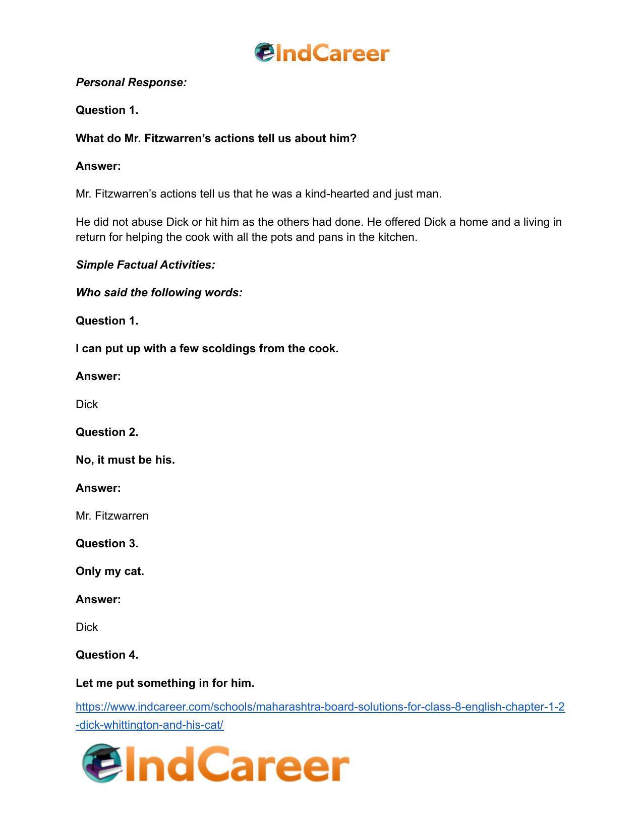 Maharashtra Board Solutions for Class 8- English: Chapter 1.2- Dick Whittington and his Cat - Page 14