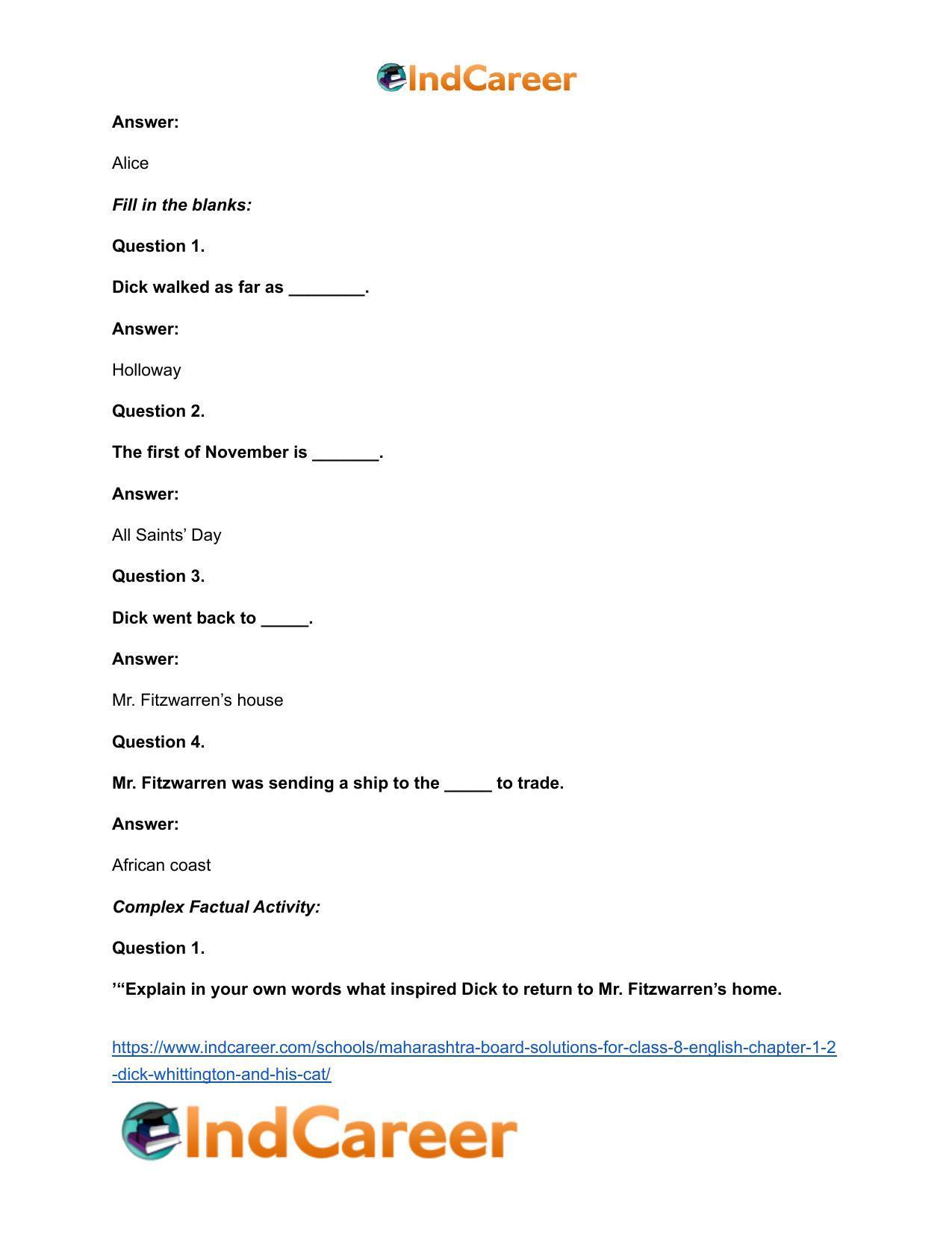 Maharashtra Board Solutions for Class 8- English: Chapter 1.2- Dick Whittington and his Cat - Page 15