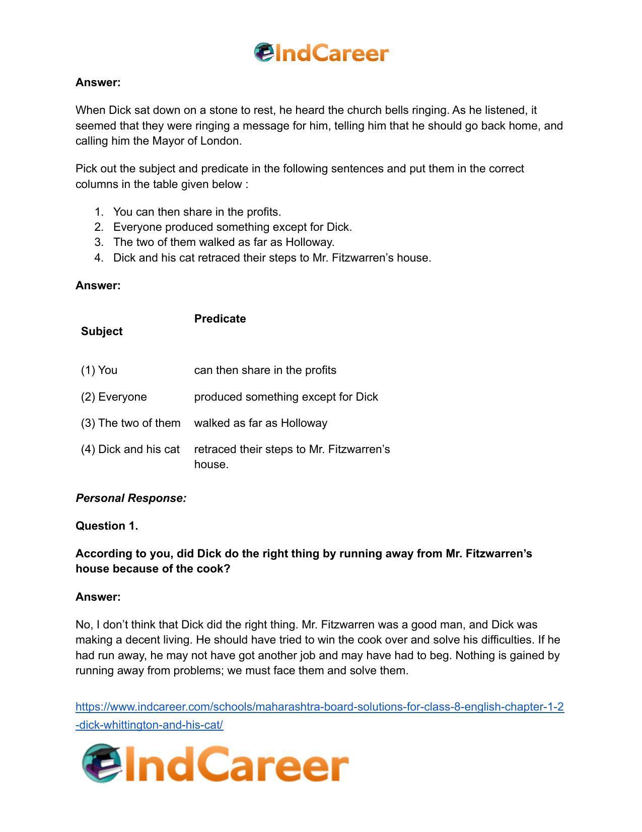 Maharashtra Board Solutions for Class 8- English: Chapter 1.2- Dick Whittington and his Cat - Page 16