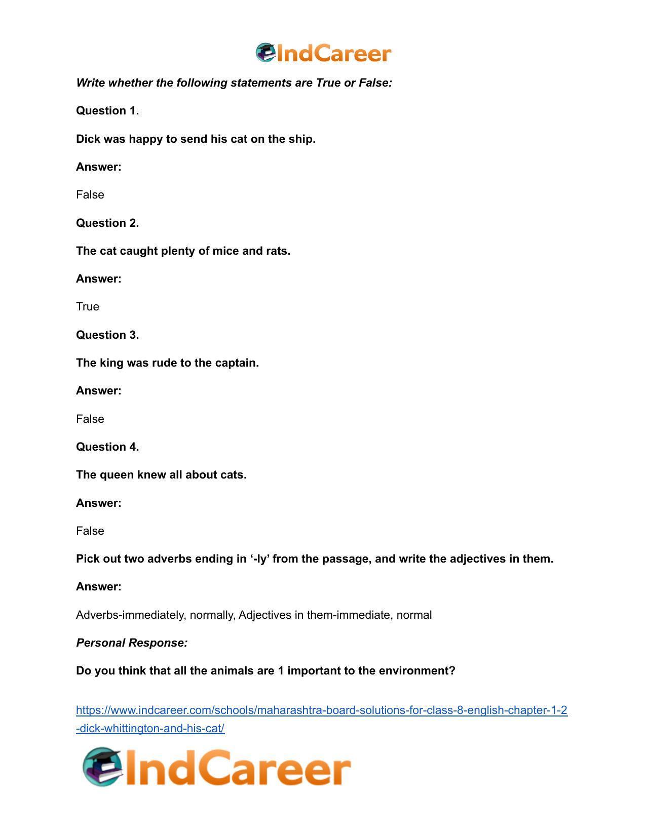 Maharashtra Board Solutions for Class 8- English: Chapter 1.2- Dick Whittington and his Cat - Page 17