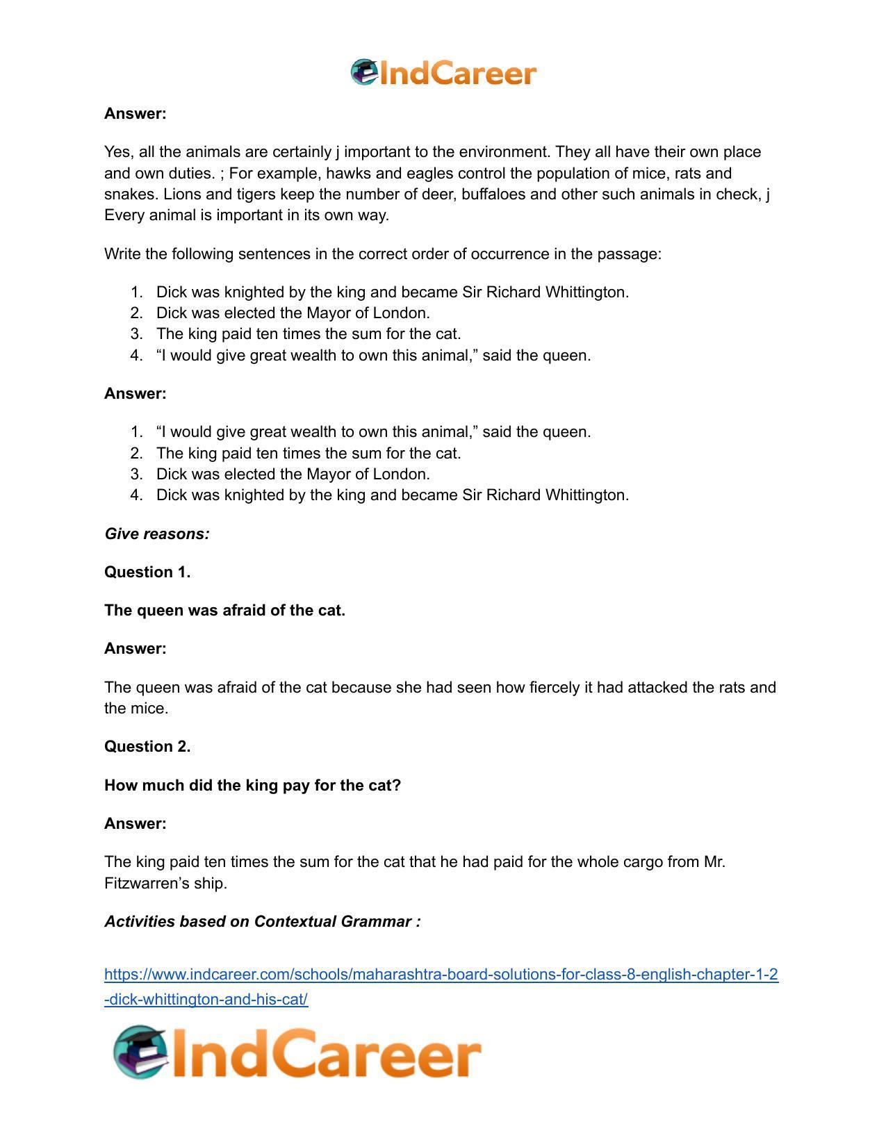 Maharashtra Board Solutions for Class 8- English: Chapter 1.2- Dick Whittington and his Cat - Page 18