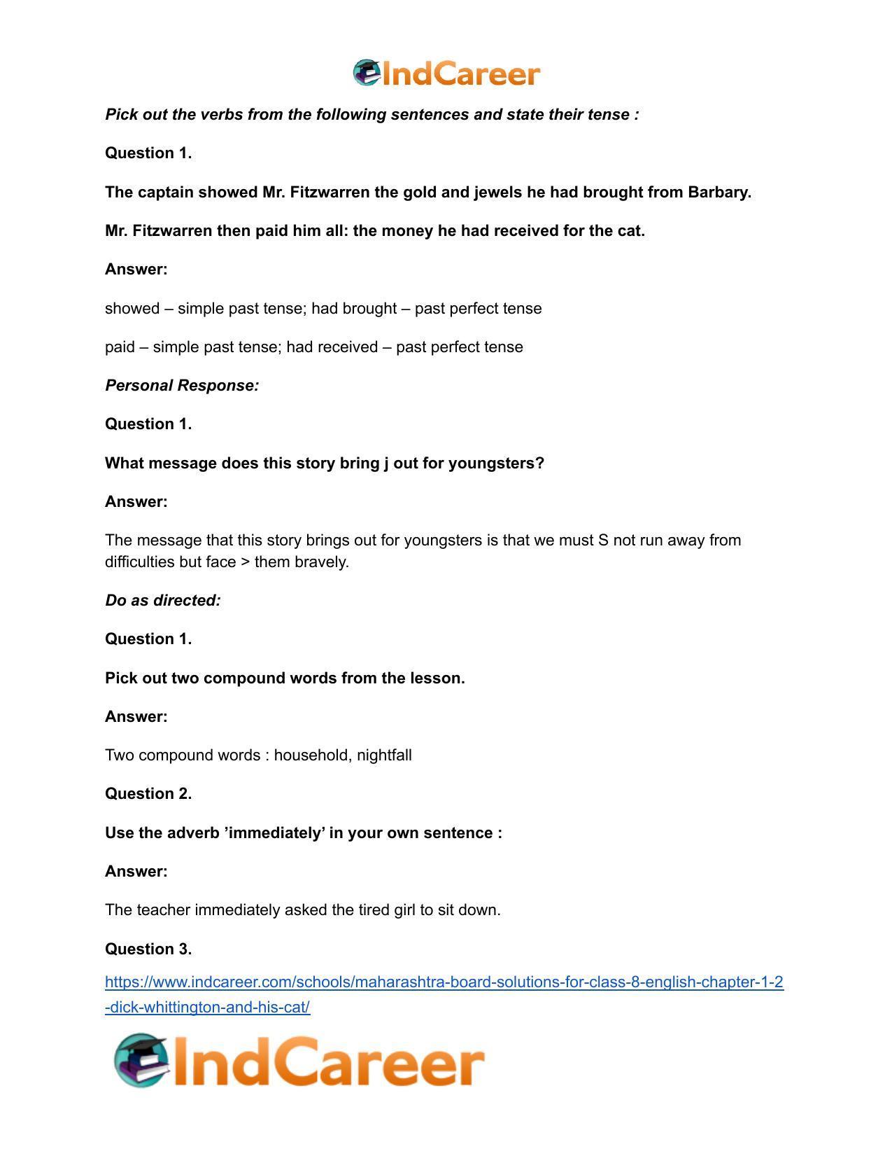 Maharashtra Board Solutions for Class 8- English: Chapter 1.2- Dick Whittington and his Cat - Page 19