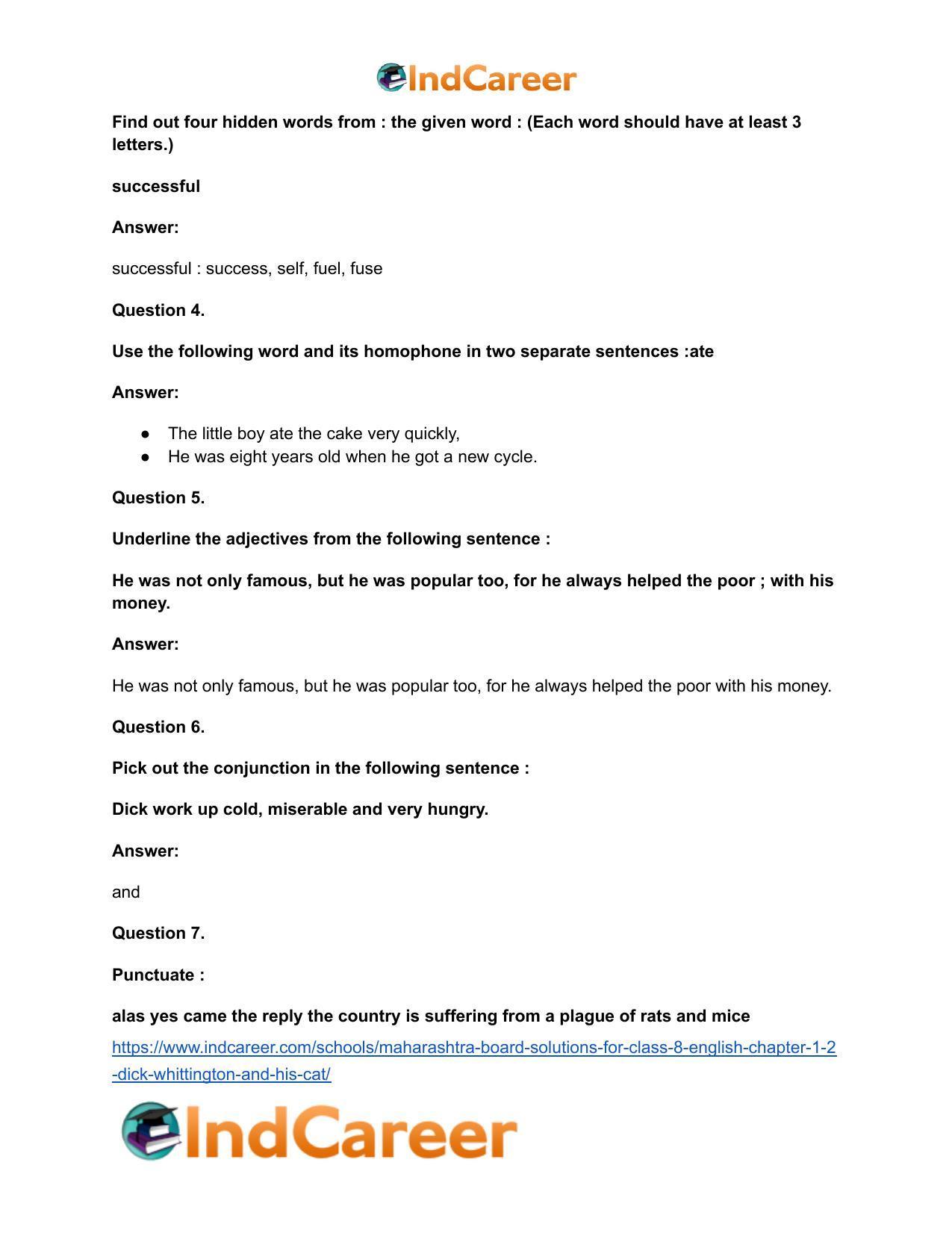Maharashtra Board Solutions for Class 8- English: Chapter 1.2- Dick Whittington and his Cat - Page 20