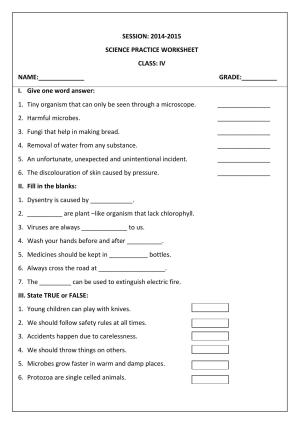 Worksheet for Class 4 Science Assignment 1