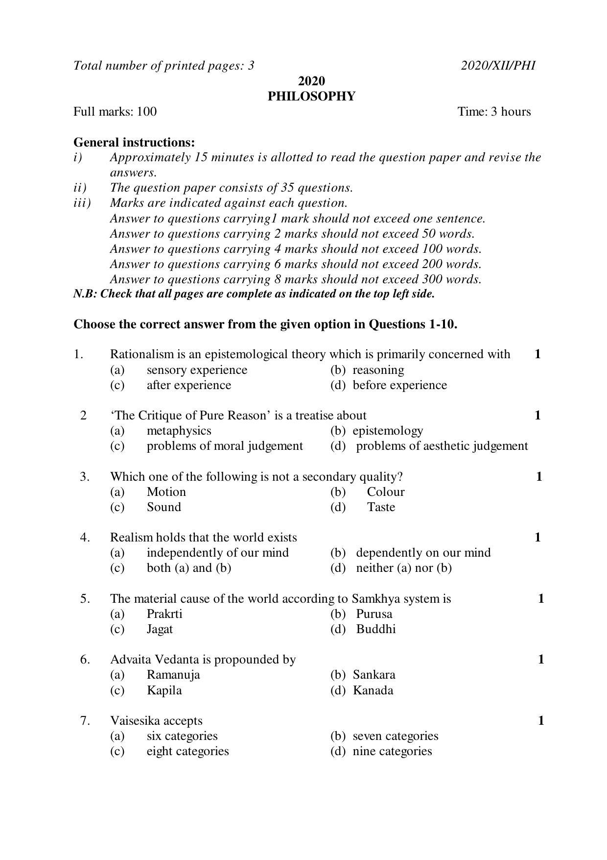 Nagaland Board Class 12 PHILOSOPHY 2020 Question Papers - Page 1