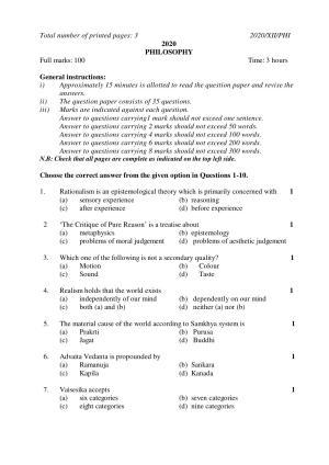 Nagaland Board Class 12 PHILOSOPHY 2020 Question Papers
