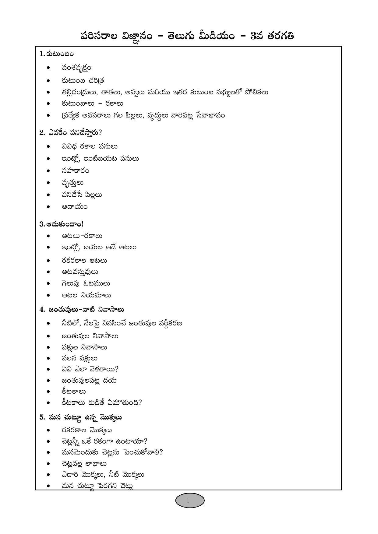 Telangana Board EVS (Classes III to V)	 Syllabus - Telugu Medium - Page 1