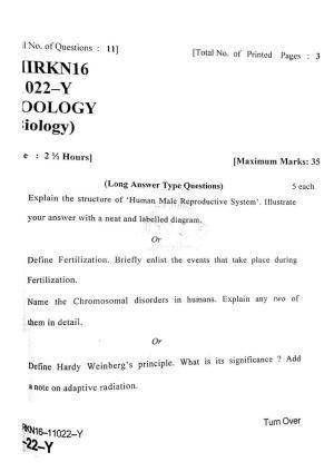 JKBOSE Class 12 Biology-Zoology Question Papers 2016 (11022-Y)