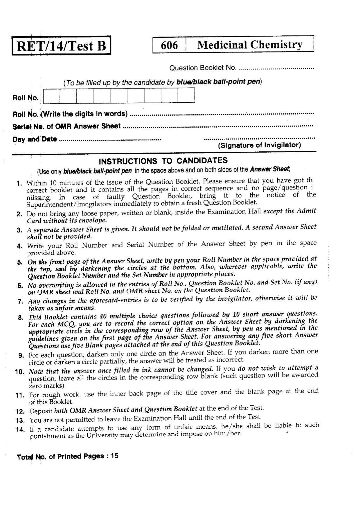 BHU RET MEDICINAL CHEMISTRY 2014 Question Paper - Page 1
