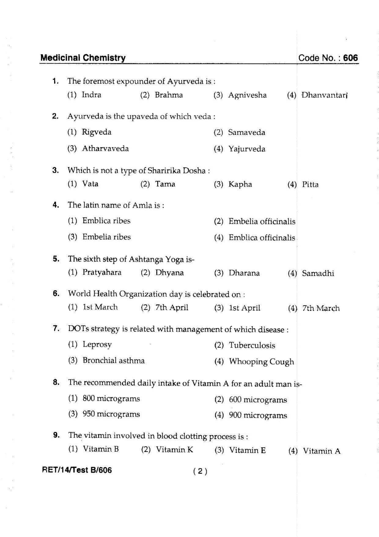 BHU RET MEDICINAL CHEMISTRY 2014 Question Paper - Page 4