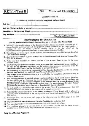 BHU RET MEDICINAL CHEMISTRY 2014 Question Paper