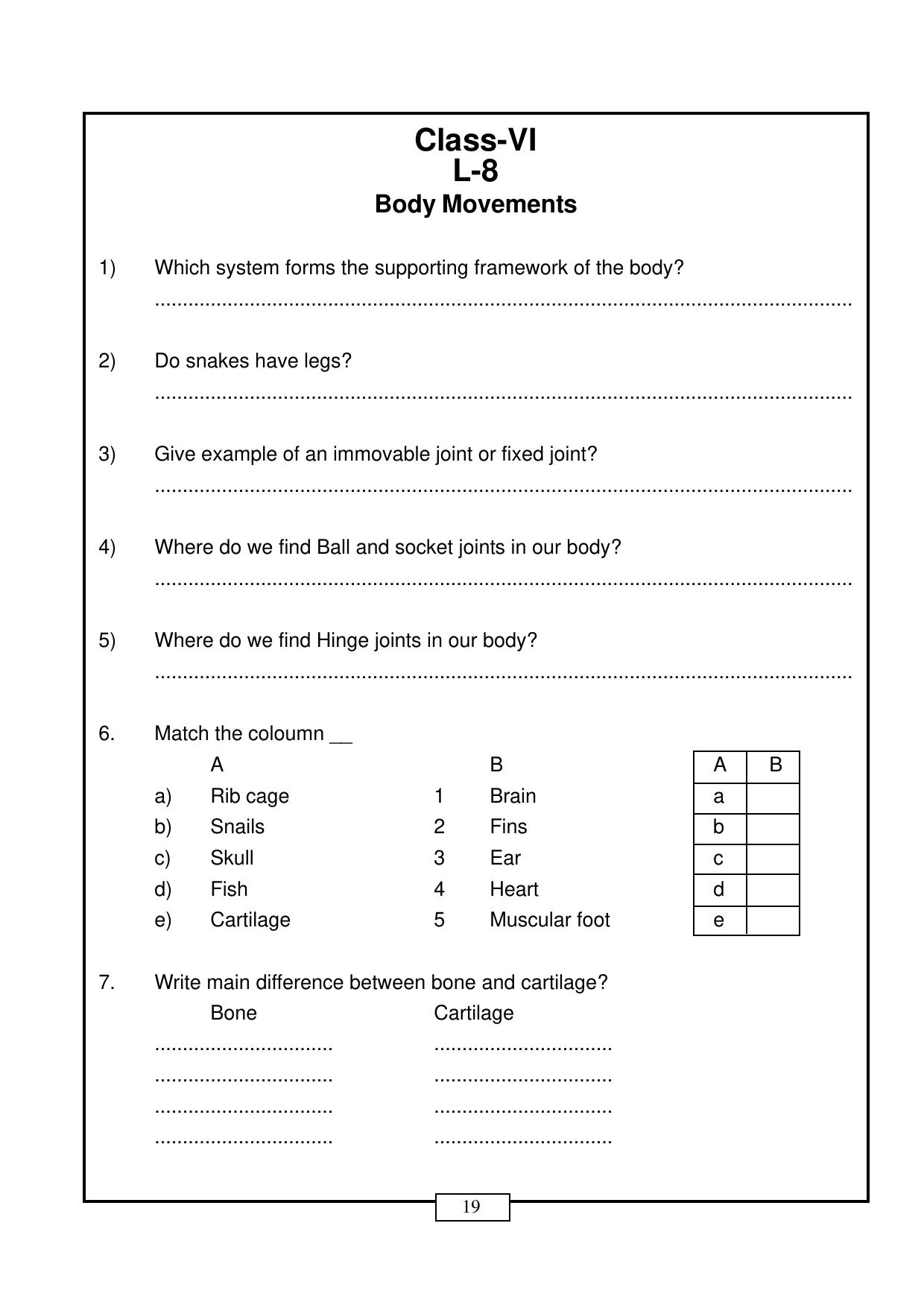 CBSE Worksheets for Class 6 Body Movements Assignment - Page 1