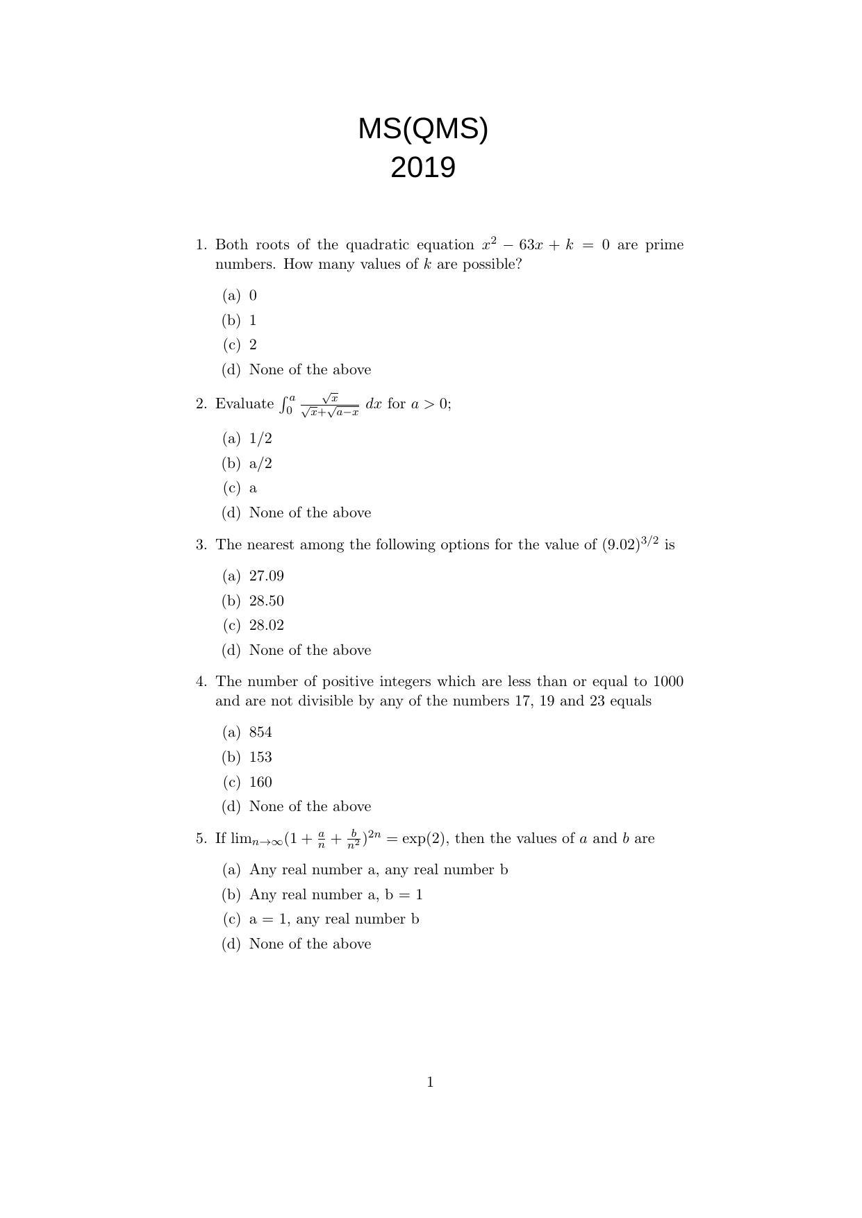 ISI Admission Test M.S.(QMS) QMA 2019 Sample Paper - Page 1